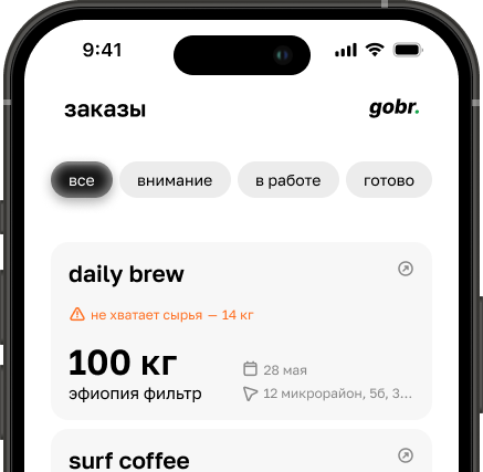 Интерфейс Gobr со списком заказов в iPhone